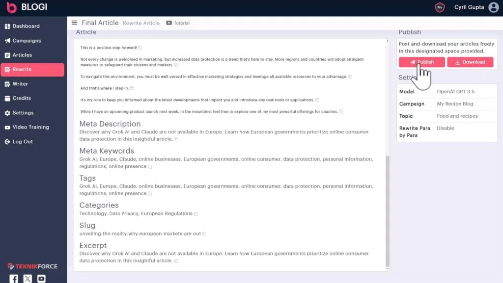 Blogi Review: Smart AI Writer Technology That Google Loves blogi editing area